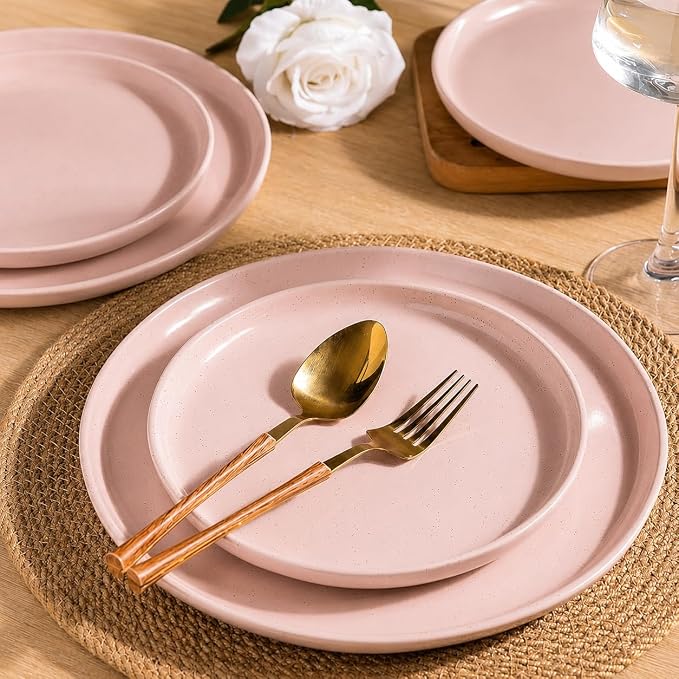 GBHOME 24-Piece Ceramic Dinnerware Set for 6, Handpainted Plates, Pasta Bowls & Bowls Set with Rustic Terracotta Underside, Scratch-Resistant, Dishwasher & Microwave Safe,Speckled Glaze Pink