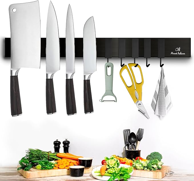 16 Inch Heavy Duty Kitchen Knife Magnetic Strip with Additional 5 Hooks-Multipurpose Stainless Steel Magnetic Tools, Knife Holder-Strong Magnetic Knife Holders for Wall No Drill required (Black)