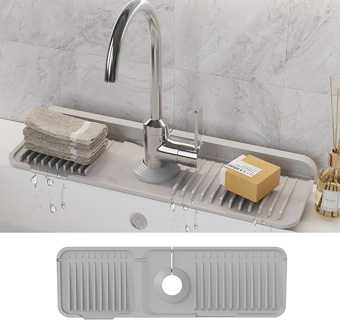 WAFT YEARN 17X5 Inch Silicone Durable Faucet Mat Kitchen Sink Splash Guard Draining Protector Tray Liner Absorbent Protective Counter Accessories For Sink Kitchen Bathroom Laundry Room Bar & RV Grey