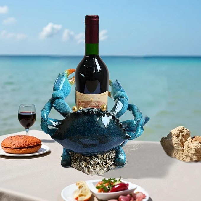 Modern Crab Wine Bottle Holder Countertop Coastal Beach Themed Home Decor Nautical Rack for Kitchen Living Room Bedroom Office Decorations - Gift for Ocean Lovers