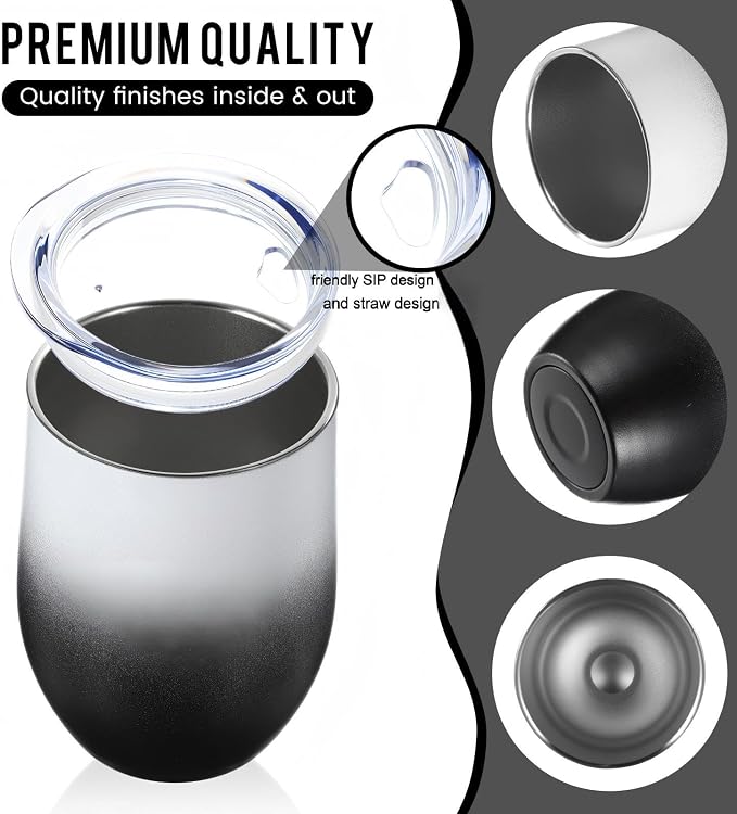Remagr 16 Pack Stainless Steel Wine Tumblers 12 oz Insulated Vacuum Wine Cup Set Double Wall Stainless Steel Stemless Mug Glasses for Coffee Soda Whiskey Outdoor Travel (Black and White)