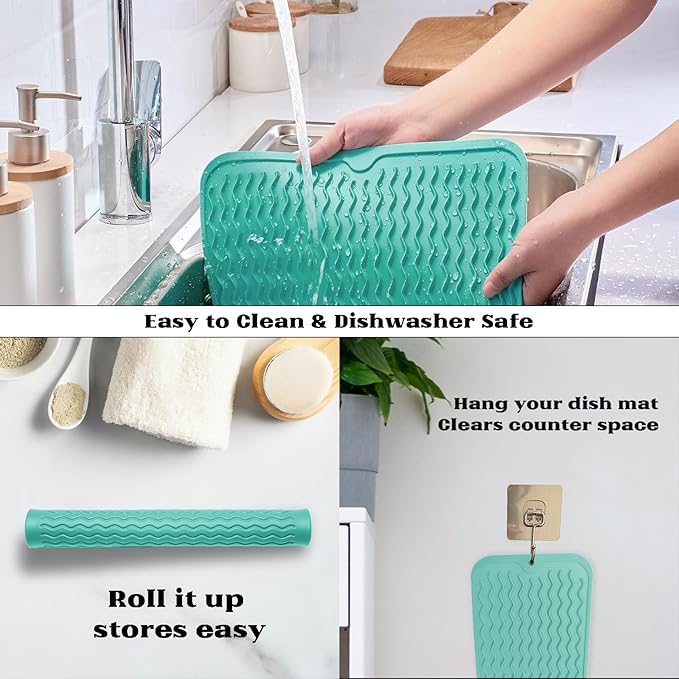 ZLR Silicone Sponge Holder & Sink Caddy Tray (6" x 17") - Narrow Dish Drying Mat for Kitchen Counter - Waterproof Soap Dispenser Organizer, Non-Slip Bathroom Vanity Tray (Mint Green)
