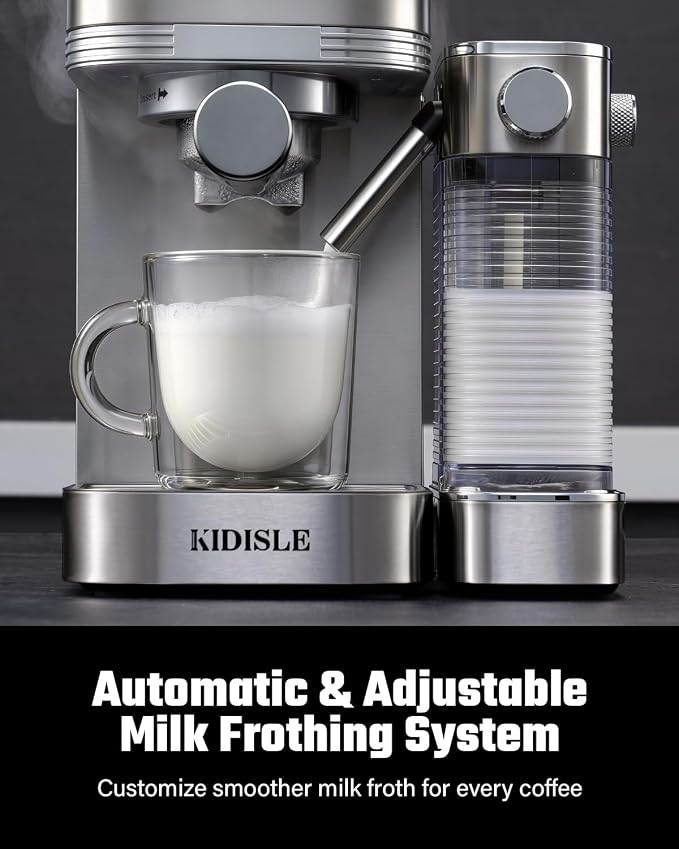 KIDISLE 20 Bar Espresso Machine with Automatic Milk Frother, Cappuccino & Latte Maker, Dual Boiler Coffee Machine (1350W + 1000W), 44oz Water Tank, 24oz Milk Reservoir, Touchscreen, Stainless Steel