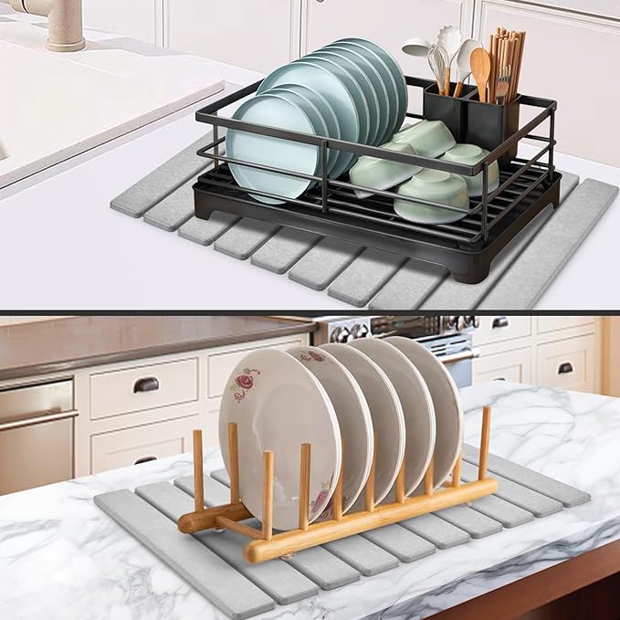 Large Stone Dish Drying Mat for Kitchen Counter, 24"(L)×16"(W), Collapsible Quick Dry Dish Drying Mat, Ultra Absorbent Diatomaceous Earth Mats for Dishes Bottles Cups, Match Any Countertop