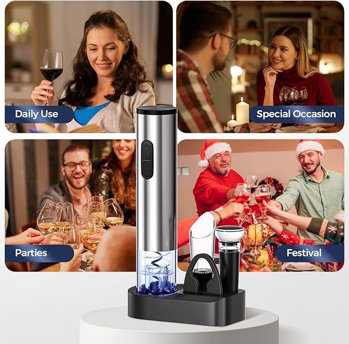 6-in-1 Electric Wine Opener, Battery Operated Automatic Wine Opener with Foil Cutter, Aerator, Vacuum Stopper & Base, One-Touch Operation, Stainless Steel, Sliver, Perfect for Home Bar, Gifts, Outdoor