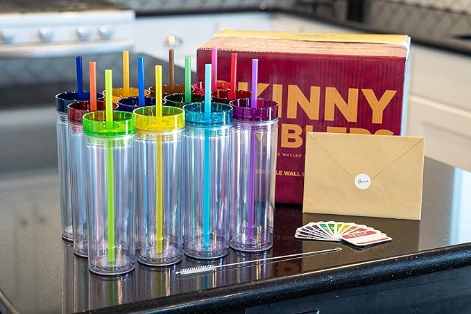 STRATA CUPS 24 Colored Skinny Tumblers with Lids and Straws | 16oz Reusable Cup Double-Wall Clear Tumbler with Lid and Straw, Durable Acrylic Tumblers With FREE Straw Cleaner & Name Tags