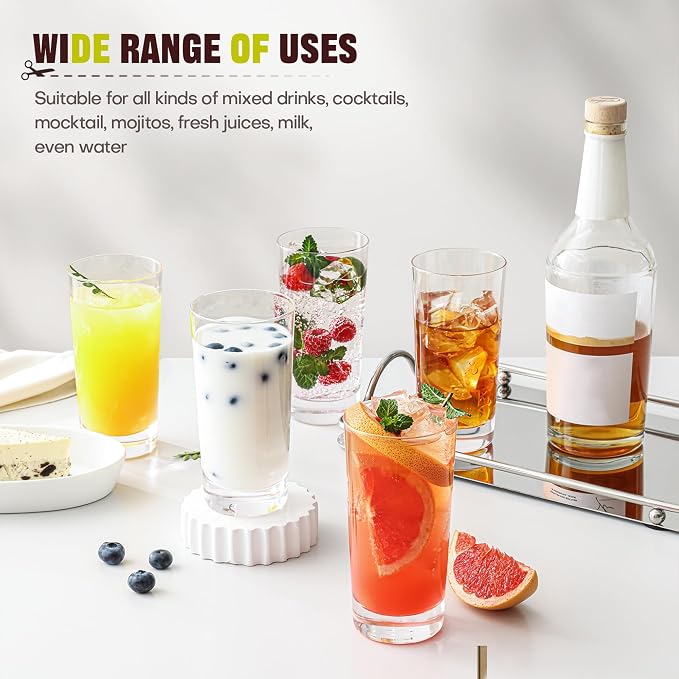 Highball Glasses Set of 12, 13oz Tall Drinking Glasses, Water Glass for Kitchen, Tom Collins Glasses, Mojito Glass Cups, Cocktail Glasses for Bar Glassware