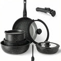 Simple Deluxe 12 Pcs Cookware Set, Non-Stick Pots and Pans Set, with Black Granite Texture and Detachable Handles, Resistant to High Temperatures, Oven Safe, PFAS and PFOA Free, Black