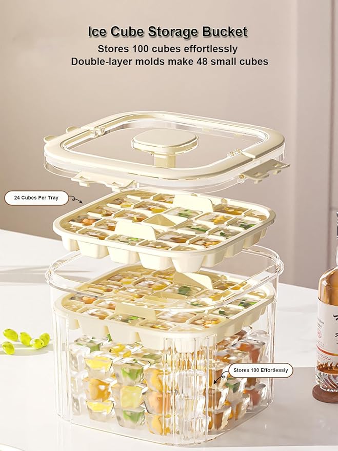6.7*6.7*7.1in Ice Storage Bin w/ Two Small Ice Cube Trays Molds & Scoop for Home Bar, Small Ice Bucket with Sealed Lid for Freezer, Portable Refrigerator Ice Holder Containers for Outdoor Green