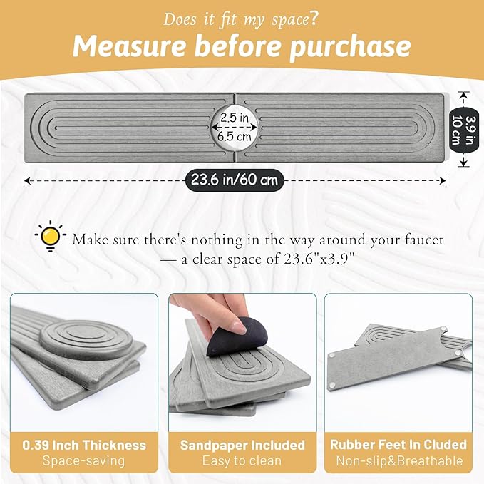 Diatomite Sink Protector for Kitchen, 23.6" Durable Faucet Mat Splash Guard, Super Absorbent Soap Drying Ttray Sponge Holder for Kitchen Bathroom Sink Accessories Gadgets, Gift for Sister, Light Gray