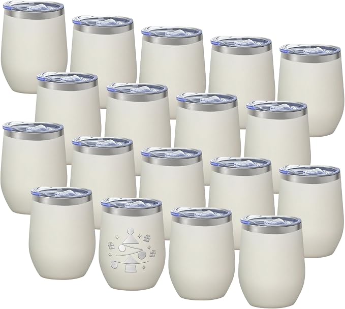 YOUKE OLA 18 Pack Stainless Steel Wine Tumbler with lid, 12oz Insulated Powder Coated Wine Tumbler Stemless Double Wall Vacuum Wine Glass Coffee Tumbler Bulk for Laser Engrave, DIY Gift, Cream White
