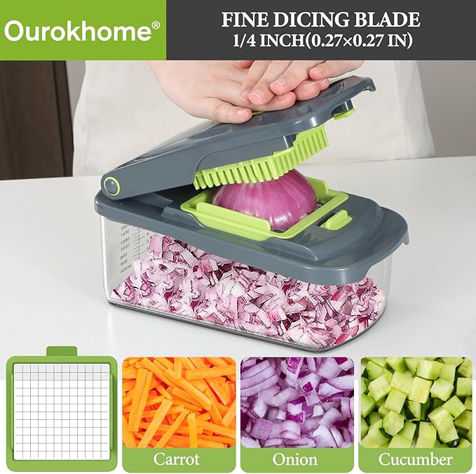 Ourokhome Vegetable Chopper Onion Cutter with Container Multifunctional Food Chopper with 2 Blades, Rotary Cheese Grater Hand Crank, Kitchen Shredder Speed Mandolin Slicer Nuts Grinder with Handle