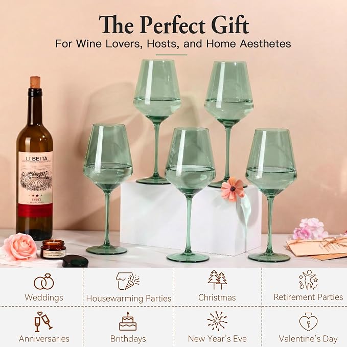 Green Wine Glasses Set of 6, Handblown Colored Wine Glasse,Green Coloful Glassware，17OZ for Red or White Wine
