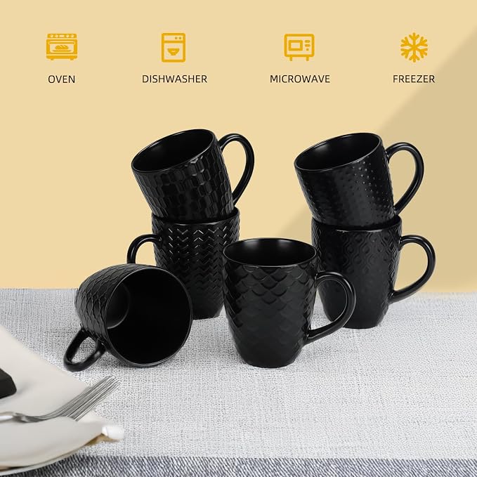Schliersee 16 OZ Black Coffee Mugs Set of 6, Geometric Pattern Ceramic Coffee Mug Cups for Latte, Tea, Cappuccino, Mocha, Cocoa, Espresso cups