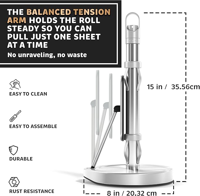 Stainless Steel Paper Towel Holder with Tension Arm and Spray Pump – One-Handed Tear, Smart Traction System, Heavy Duty Suction Cups, Weighted Base, Kitchen Towel Dispenser for Countertop Use (Silver)