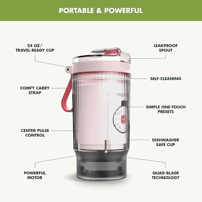 GreenPan Spin & Go Portable Blender, 24oz BPA-Free Cup, Self-Cleaning, Shakes Smoothies Juices, Crushed Ice & Frozen Fruits, Leakproof Lid, Fast Charge, Personal Handheld for Travel & Gym, Oxford Blue