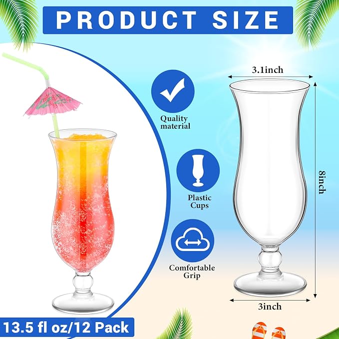 Baderke 12 Pcs Plastic Hurricane Glasses 13.5oz Break Resistant Reusable Plastic Pina Colada Cocktail Glasses Wine Margarita Tropical Beer Juice Beach Party with 30 Pcs Cocktail Straws