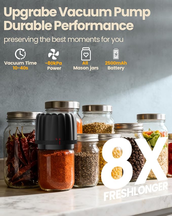 Upgraded Electric Mason Jar Vacuum Sealer Kits for Wide Regular Mouth Jars | -80kPa Vacuum Sealers Auto Canning Sealing Machine with 2500mAh Battery and 10 Lids for Food Storage Reducing Waste - RACAZL