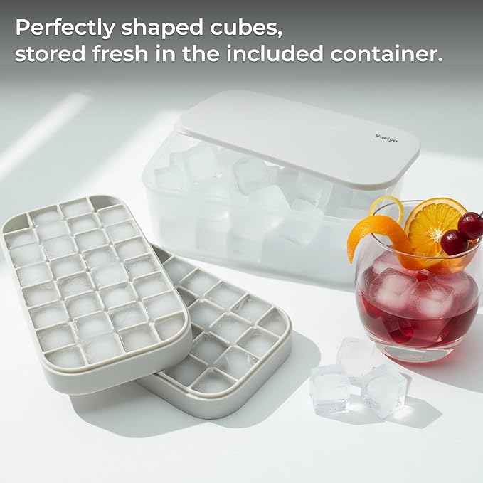 Ice Cube Tray Set with Lid & Bin, 2 Silicone Trays (32-Cube Each, 64 Total), Easy-Release, Stackable, Leak-Proof, Dishwasher Safe, Sand Beige