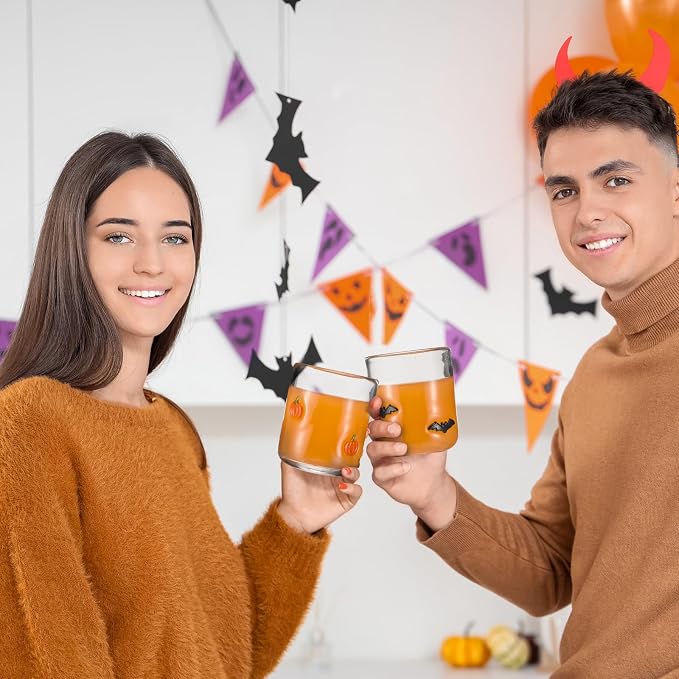 Skylety 4 Pcs Halloween Icon Glass Cups Set - 14oz Pumpkin Spider Bat Ghost Stemless Wine Glasses Double Old Fashioned Icon Hand Blown Drinking Cups for Halloween Party Supplies & Gift