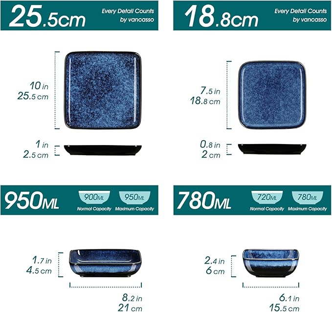 vancasso Stern Blue Square Dinnerware Set for 4, 16 Piece Reactive Glaze Stoneware Plates and Bowls Set, Modern Kitchen Dish Set with Dinner Plates, Salad Plates, Soup Plates and Bowls