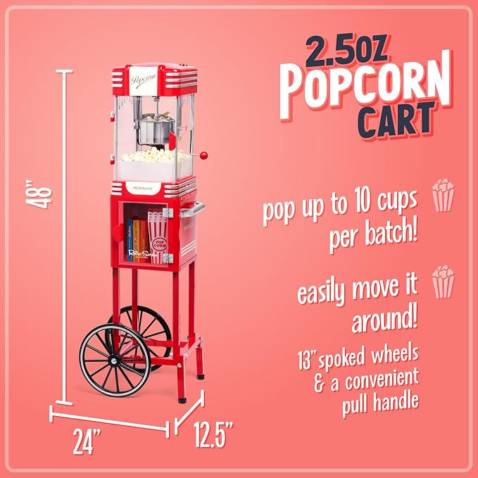 Nostalgia Popcorn Maker Machine - Professional Cart With 2.5 Oz Kettle Makes Up to 10 Cups - Vintage Popcorn Machine Movie Theater Style - Retro Red