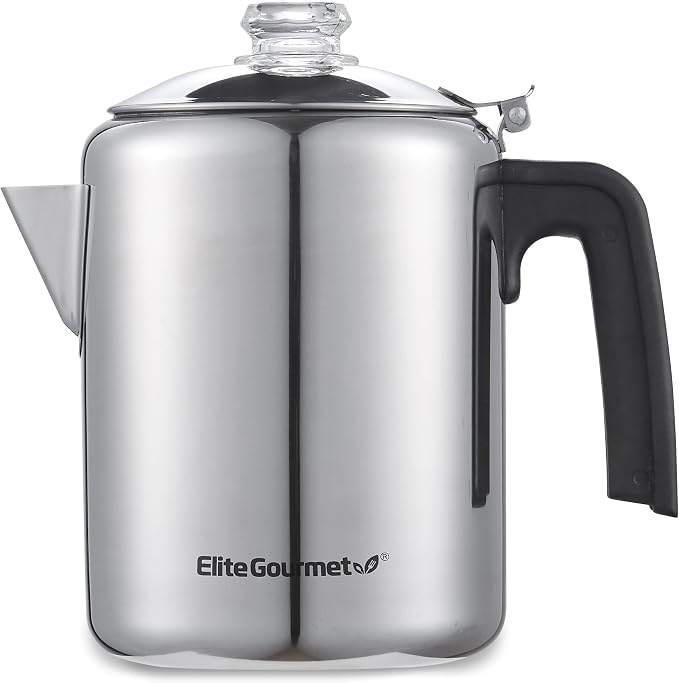 Elite Gourmet EC008 Classic Stovetop Coffee Percolator,Glass Clear Brew Progress Knob,Cool-Touch Handle,Cordless Serve,8-Cup,Stainless Steel,(Pack of 12)