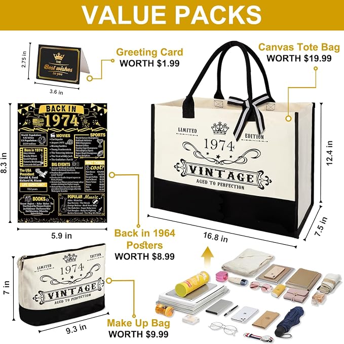 YeohJoy 52nd Birthday Gifts for Women Canvas Tote Bag Travel Gear, Unique 52 Years Old Birthday Gifts for Mom Aunt Friends Wife Sister Her, Vintage 1974 Handbag & Cosmetic Bag & Back in 1974 Poster