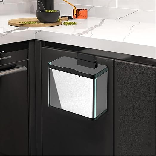 Wall Mounted Hanging Kitchen Trash Can Stainless Steel Bin 3L 0.8 Gallon Slim Cabinet Door Over Counter Lid Manual Open Small Bathroom RV Dorm Office Removable Liner Ring Bag Storage Hook