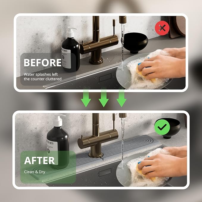 Quick Dry Sink Splash Guard - 23.6" Extended Diatomaceous Earth Faucet Mat - Instant Dry Stone Tray for Kitchen & Bathroom Countertops - Gray