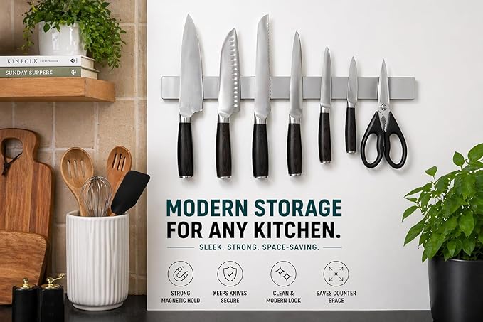 Magnetic Knife Holder 16 Inch Silver – Classic Stainless Steel Strip, Rack & Bar for Wall or Fridge, No Drill Adhesive Kitchen Organizer, Premium Gift by Pampavanna