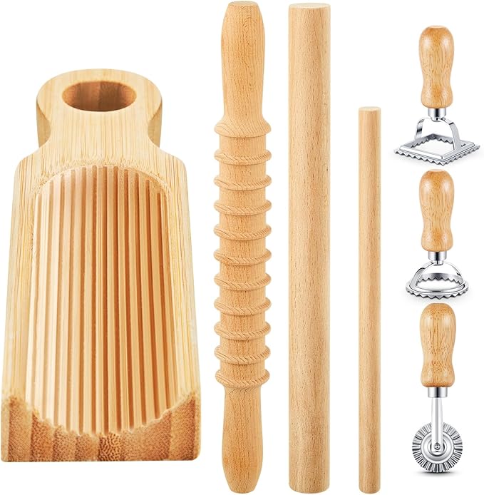 Tioncy 7 Pcs Pasta Making Tool Set Wood Gnocchi Board with Ravioli Stamp Ravioli Maker and Rolling Pin Homemade Gnocco Maker Kitchen Gift for Home Baking Lovers(Curved Gnocchi Board Set)