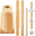 Tioncy 7 Pcs Pasta Making Tool Set Wood Gnocchi Board with Ravioli Stamp Ravioli Maker and Rolling Pin Homemade Gnocco Maker Kitchen Gift for Home Baking Lovers(Curved Gnocchi Board Set)