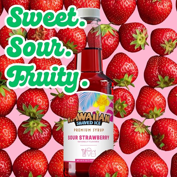 Hawaiian Shaved Ice Sour Strawberry Syrup - Nut Soy Dairy Free - Flavor Fluffy & Crunchy Snow Cones - Shelf Stable - Makes 8 Servings - 16 ounces