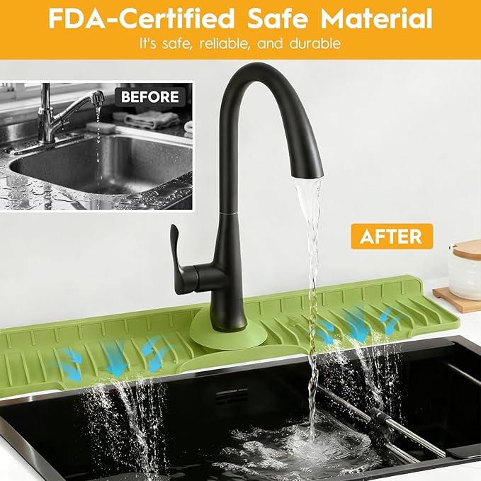 16" Silicone Faucet Mat for Kitchen Sink Released in 2026,8° Slope Fast Self-draining-Kitchen Sink Splash Guard,Bathroom Kitchen Sink Area Water Splash Guard Behind Faucet Draining Mat(Green)