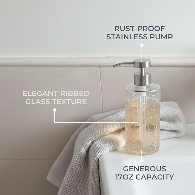 Elegant Fluted Glass Soap Dispenser with Stainless Steel Pump, 17oz Vintage Art Deco Style Clear Ribbed Glass Bottle for Bathroom, Dish Soap Dispenser for Kitchen (Silver Pump)