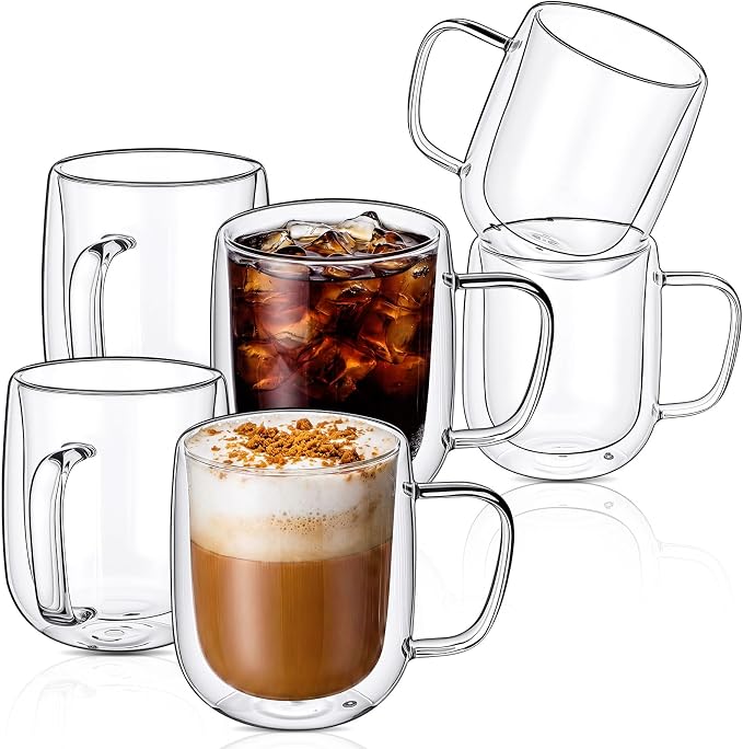 Patelai Glass Coffee Mugs Set of 6, 16 oz Clear Double Walled Coffee Cups Glasses Insulated Latte Mugs with Handle Espresso Clear Cups for Hot and Cold Beverages