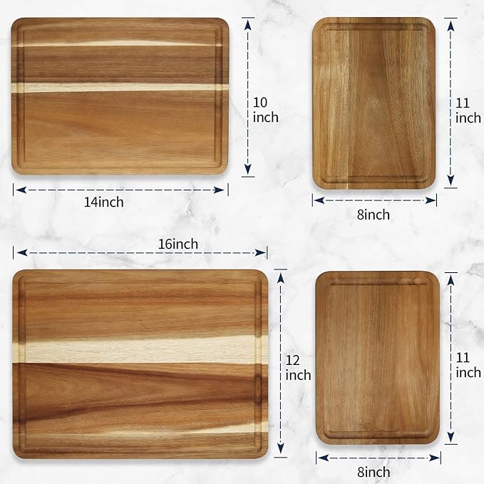 AZRHOM Large Wood Cutting Boards Set of 4 for Kitchen Cheese Charcuterie Board (Gift Box Included) Acacia Butcher Block with Non-slip Mats, Juice Groove and Handles (16x12, 14x10, double 11x8 inch)-4