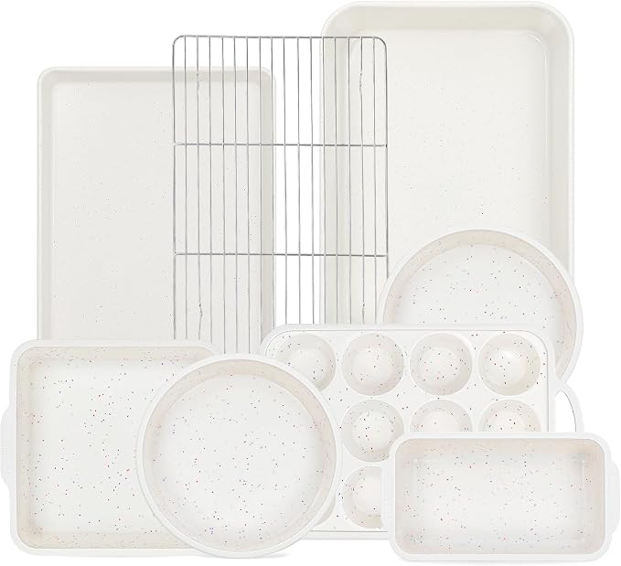 8 Pcs Baking Pans Set, Silicone Bakeware Sets with Metal Reinforced Frame, Nonstick Stackable Carbon Steel Non Toxic Baking Sets for Cooking (Cream)