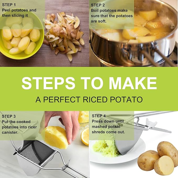 Potato Ricer Set,Heavy Duty Stainless Steel Potato Masher and Ricer for Mashed Potatoes,Vegetables, Professional Kitchen Tool, Press, Large Masher, Press and Mash for Baby Food, Fruit Juices