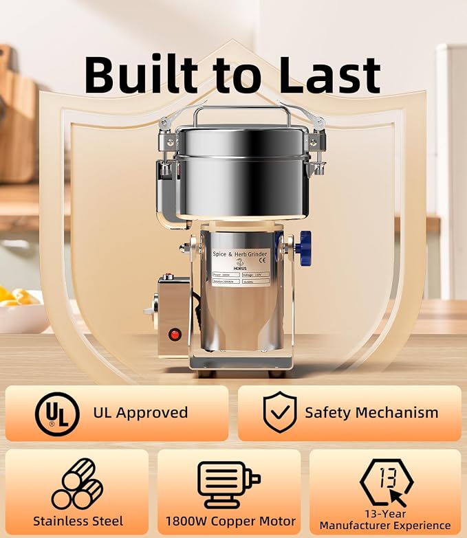 Electric Grain Mill 1000g, Flour Grinder Mill Stainless Steel for Home, Counter Grain Grinder for Wheat, Rice, Wheat Berry, Corn, Herbs, Spices