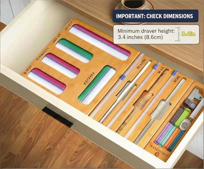 9-in-1 bamboo storage bag rack with cutter, suitable for kitchen drawer and wall storage, compatible with gallons, quarts, aluminum foil and cling film, sandwich, snack Bags