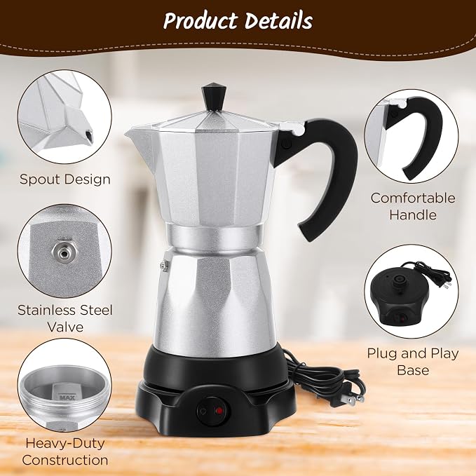 Coffee Pot 6 Cup Electric Espresso Coffee Maker Italian Moka Maker 300ml Portable Aluminum Espresso Machine Cafetera Moka Pot with Detachable Base, Gift for Home Travel (Silver)