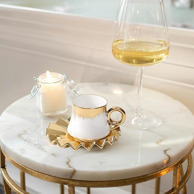 3.5oz Ceramic Turkish Coffee Cup Set of 6, Porcelain Espresso Cups and Saucers British Italian Cappuccino Cups with Gold Trim for Double Espresso Cappuccino Latte Mocha Tea (White)