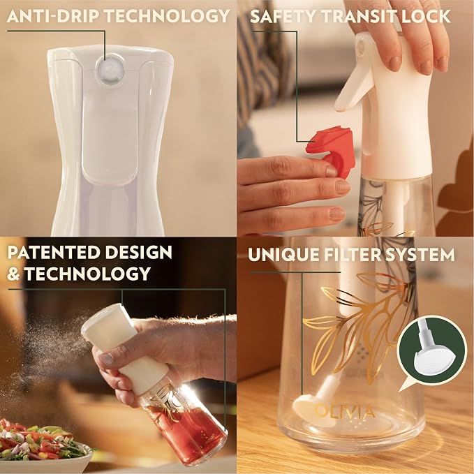 OLIVIA SIGNATURE Advanced Kitchen Oil Sprayer with Flairosol Technology, Fine Mist & Portion Control, Refillable Glass Olive Oil Cooking Spray Bottle for Air Fryer, Salad, BBQ, 2 Pack 200ml (White)
