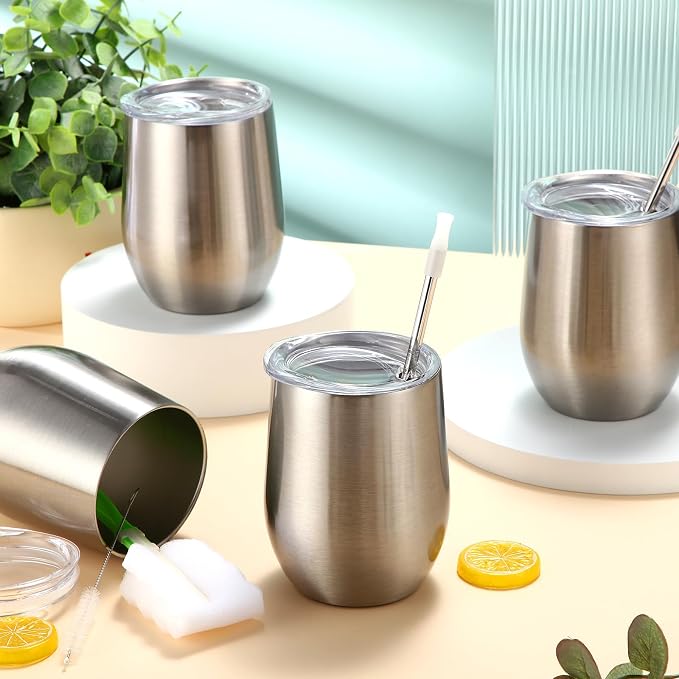 Inbagi 30 Pack 12 oz Stainless Steel Tumblers Bulk with Lids and Straws, Double Wall Insulated Wine Tumblers for Wedding Party Favors, Bridal Shower, Birthday Event Gifts (Silver Gray)