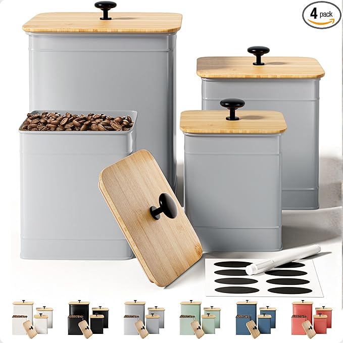 Kitchen Canisters for Countertop Set of 4 w/ Chalkboard Labels & Marker Pen | Airtight Easy Open Bamboo Lids, Dent-Resistant Thick Metal, Customizable Chalkboard Labels, Marker Pen Included, Set of 4