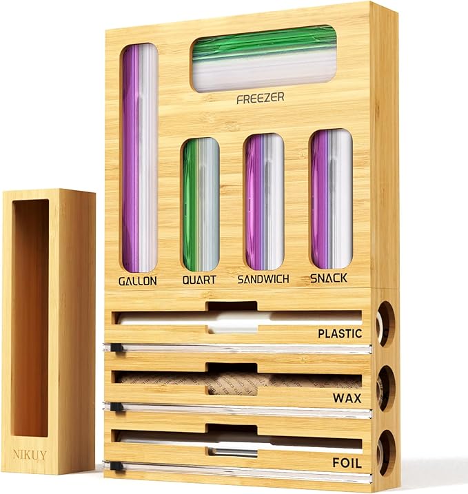 9 IN 1 Bamboo Foil and Plastic Wrap Organizer for Kitchen Drawer, Plastic Bag Organizer Organization and Storage, Food Storage Bag Organizer with Labels for Quart Gallon Snack Sandwich Bag