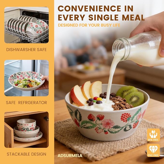 Unbreakable Dinnerware Set for 4 Natual Strawberry 12 Piece Melamine Wheat Straw BPA Free Lightweight Dishwasher Safe Shatter Resistant for Picnic Garden Breakfast