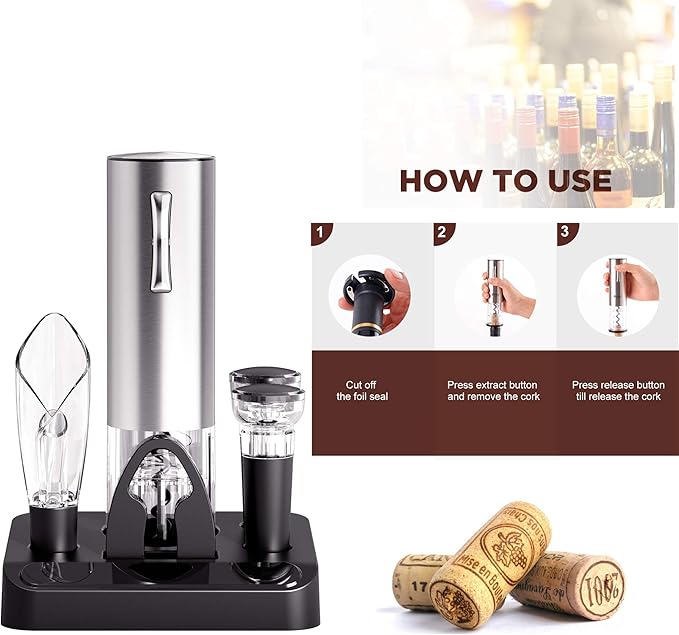 COKUNST Electric Wine Opener Set, 4-in-1 One-click Button Bottle Openers with Wine Pourer, Vacuum Stoppers, Foil Cutter for Wine Lovers Home Kitchen Party Wedding Bar - USB Rechargeable (Silver)